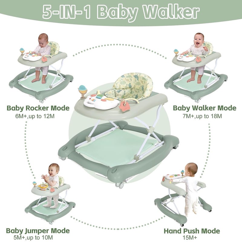 Howeemo 5 in 1 Foldable Baby Walker,Activity Baby Walker-Baby Bouncer,Rocker,Activity Center,Seat and Push Walker,Detachable Footrest Mat,Adjustable Speed Rear Wheels and Height,Ages 6-18 Months (Light Green) - Image 2